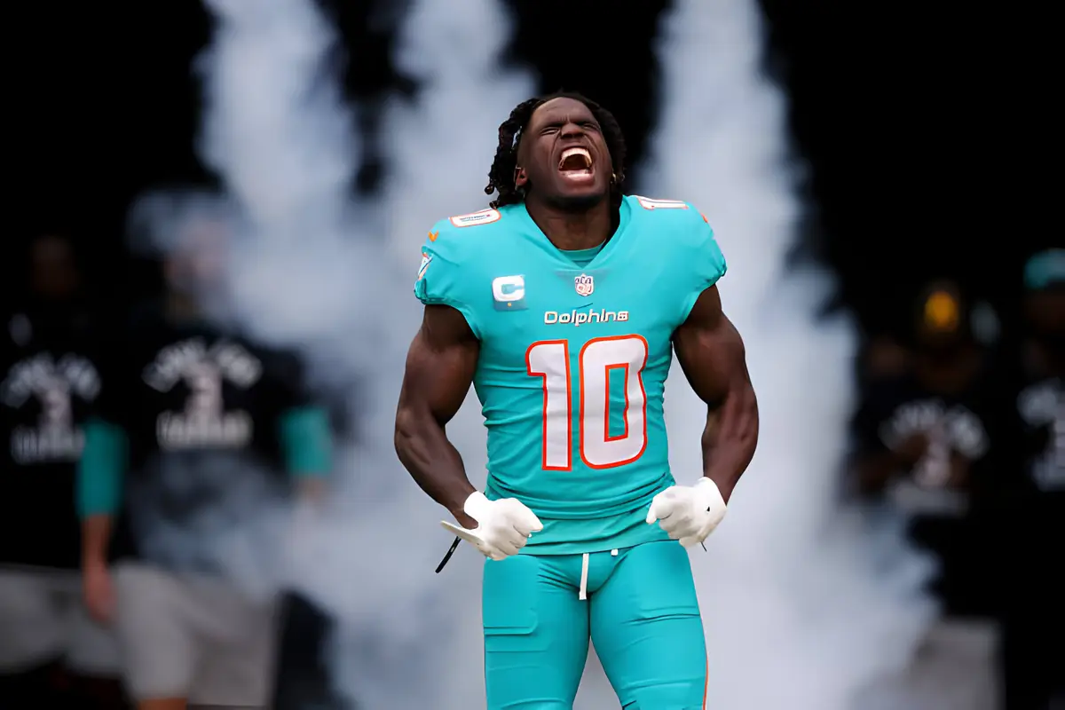 Tyreek Hill #10 of the Miami Dolphins yells